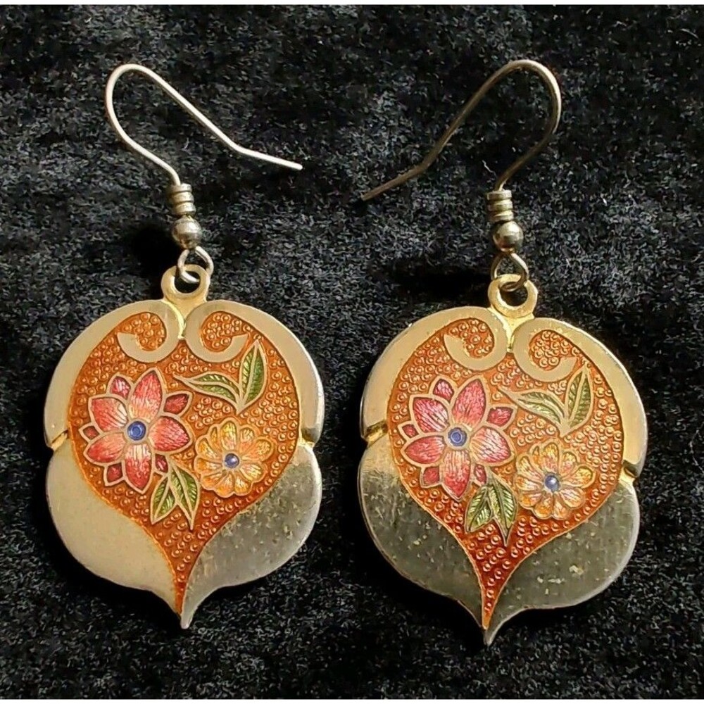 Vintage Gold Tone Cloisonne Dangle Drop Earrings Floral Bohemian Hippie